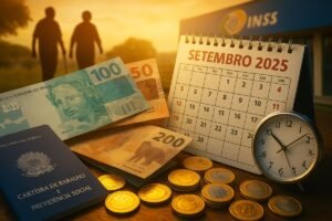 calendario e carteira com dinheiro e inss