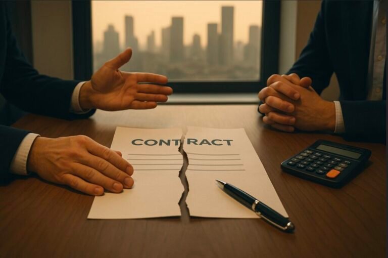 contrato de trabalho rasgado com calculadora ao lado