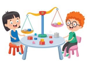 dois filhos sorrindo com balanca justica