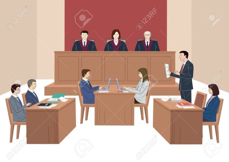 imagem de tribunal com juiz e advogados