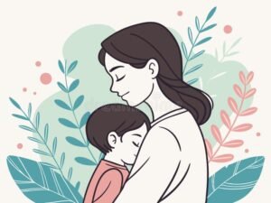 mae segurando crianca com expressao serena