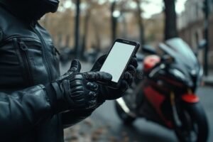 moto em maos com smartphone mostrando app