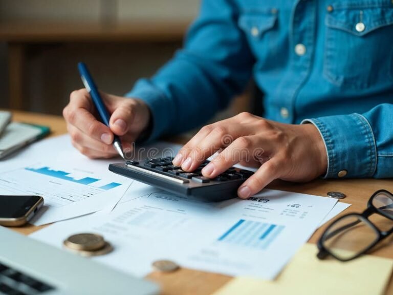 Como Fazer Cálculo do Décimo Terceiro Salário passo a passo 1 pessoa calculando financas com calculadora e papel