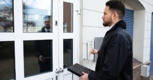 pessoa com documentos e porta de tribunal