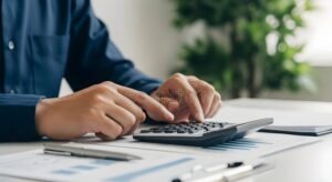 pessoa usando calculadora com documentos financeiros