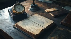 relogio antigo e documentos oficiais sobre mesa