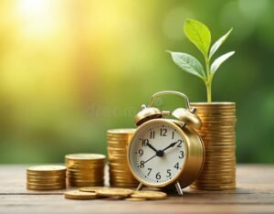 relogio e moedas empilhadas simbolizando atraso