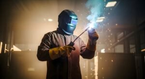 soldador trabalhando com faiscas e chama intensa