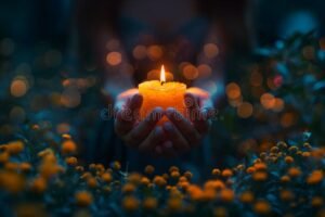 velas acesas e maos segurando flores